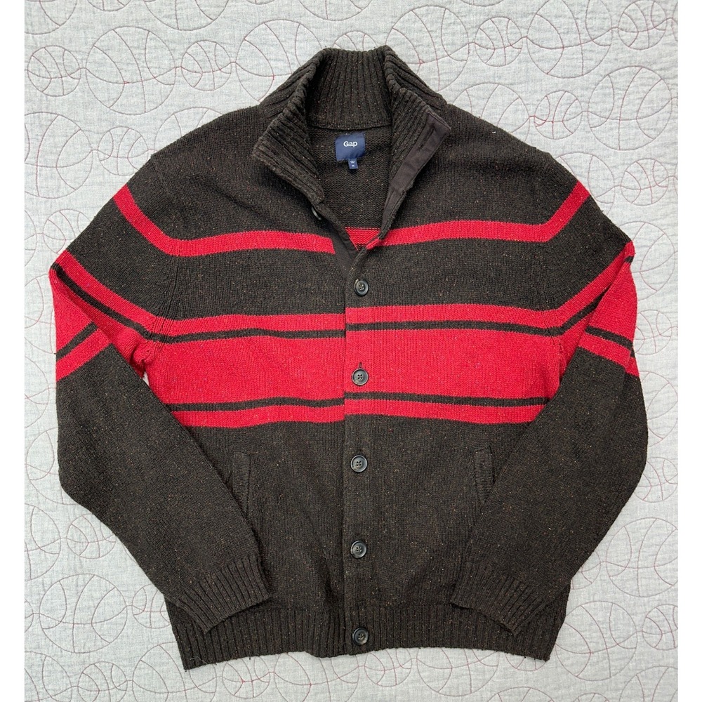 Gap Cardigan Sweater Brown Red Striped Mock Neck / Mens XL